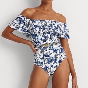 10 Ralph Lauren Black Label blue white floral buckle One Piece Swimsuit